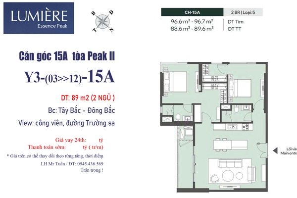 Trục căn 15A tòa Y3 LUMIÈRE Essence Peak II 